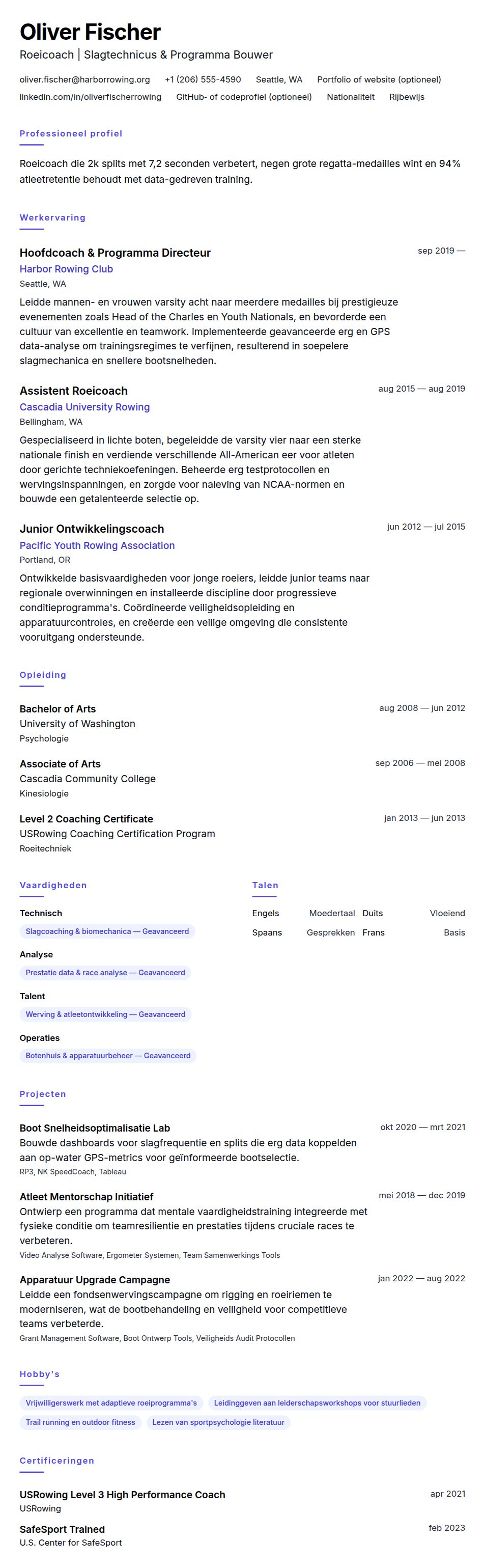 Cv-voorvertoning voor Voorbeeld cv Roeicoach