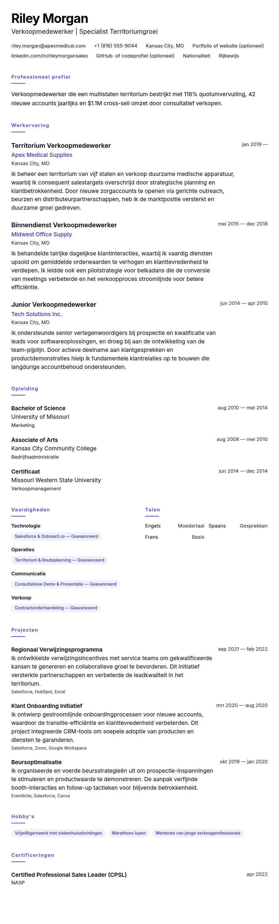 Cv-voorvertoning voor Voorbeeld CV Verkoopmedewerker