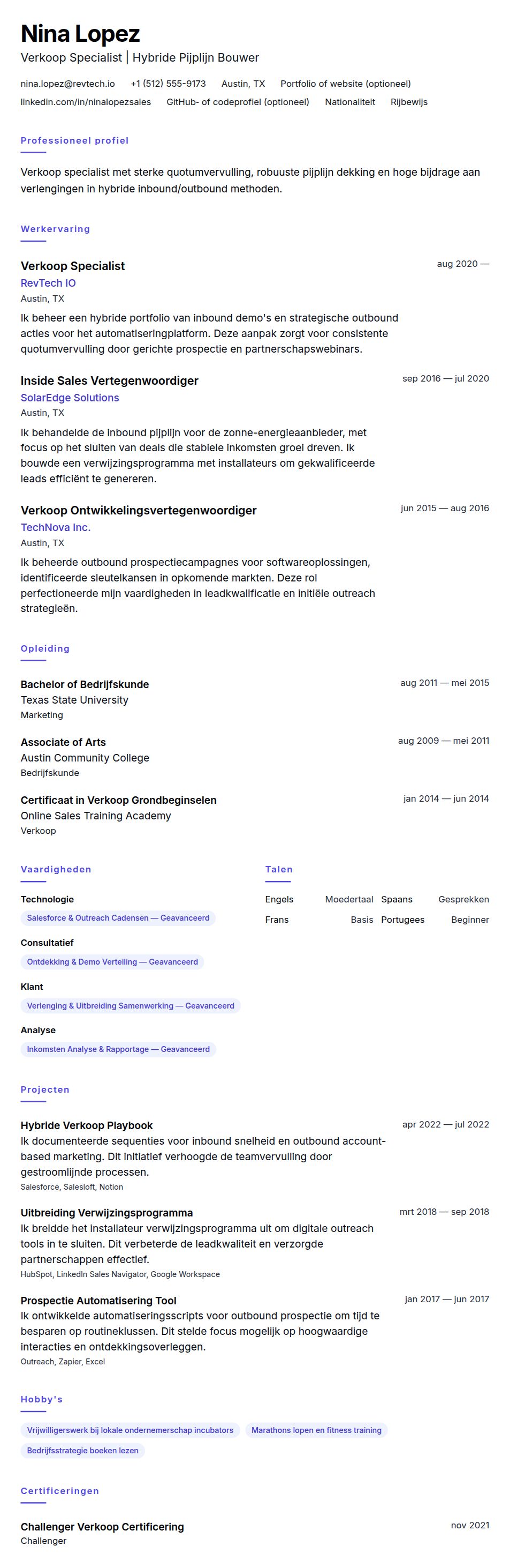 Cv-voorvertoning voor Verkoop Specialist CV Voorbeeld