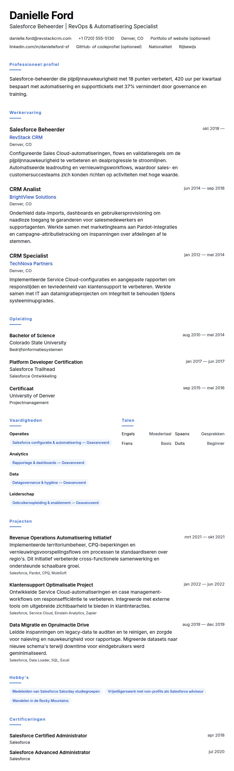 Salesforce Beheerder CV Voorbeeld