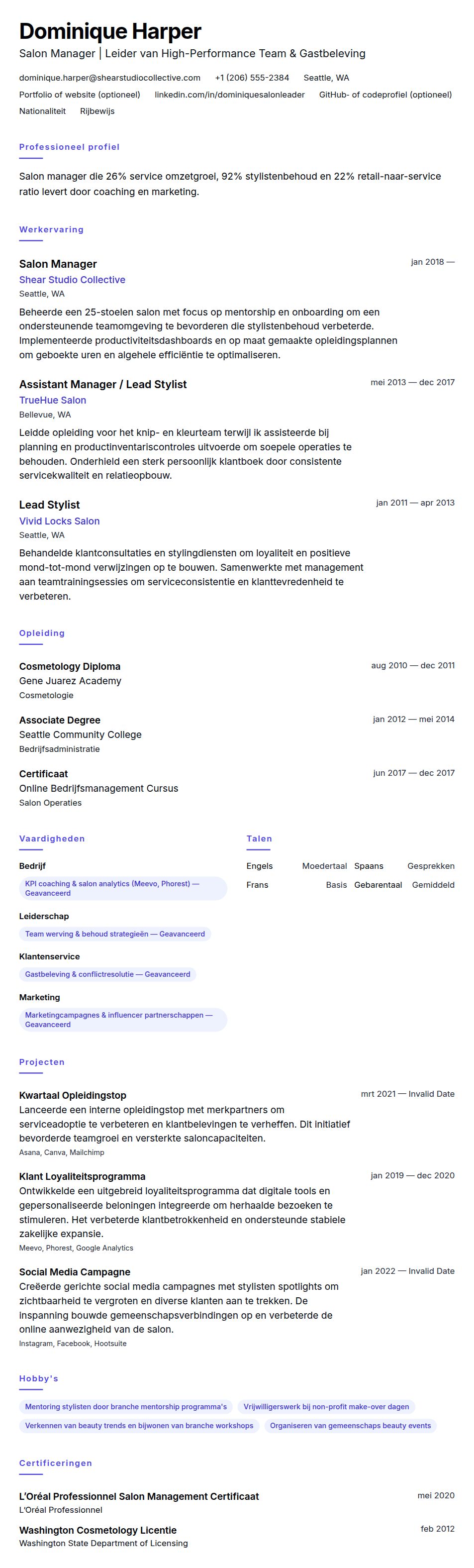 Cv-voorvertoning voor Salon Manager CV Voorbeeld