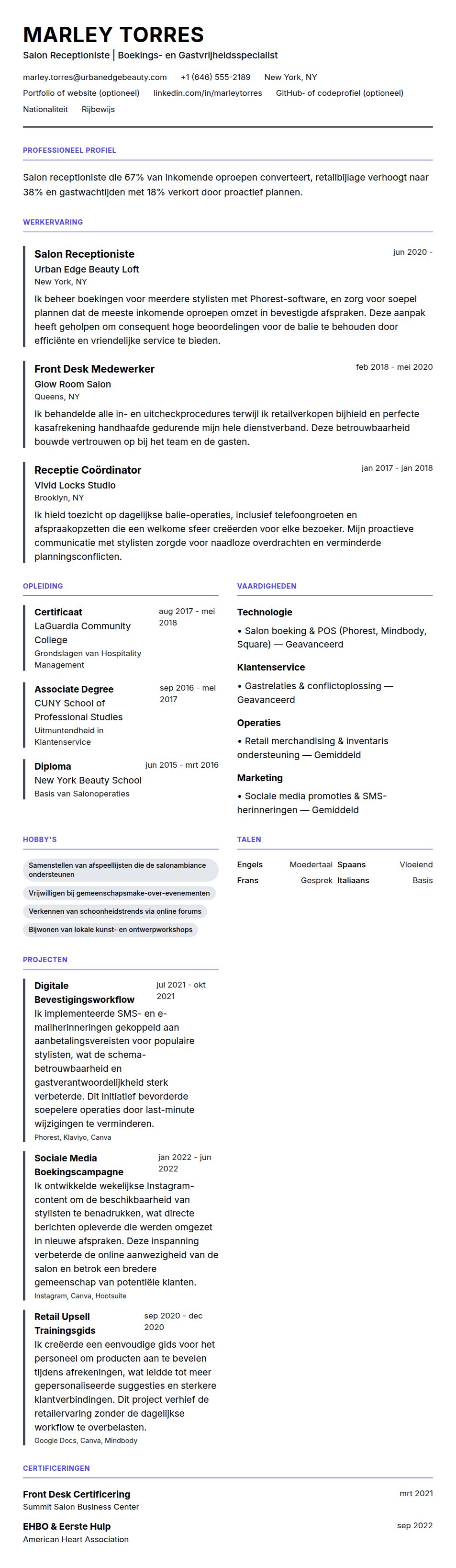 Voorbeeld CV Salon Receptioniste
