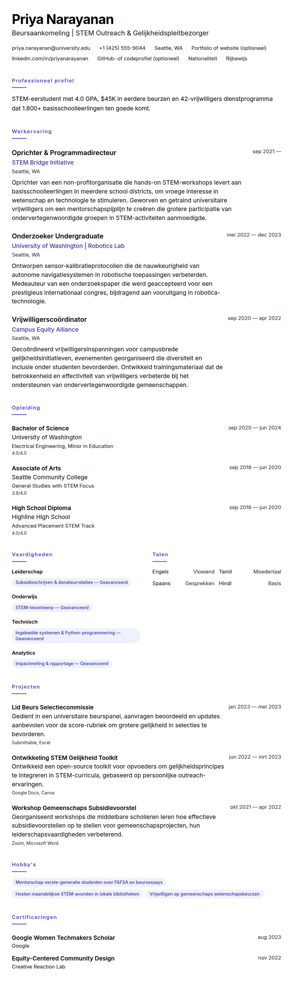 Cv-voorvertoning voor Beurs CV Voorbeeld