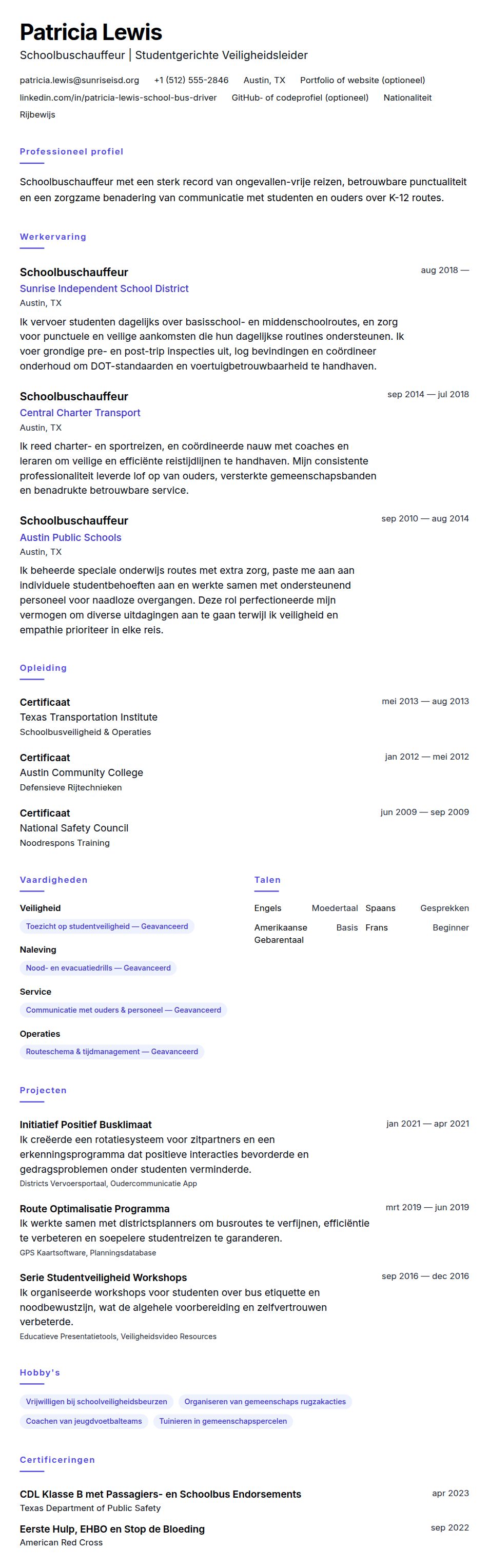 Cv-voorvertoning voor Voorbeeld CV Schoolbuschauffeur
