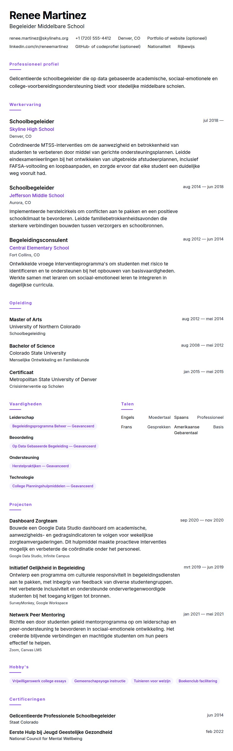 Cv-voorvertoning voor Voorbeeld cv Schoolbegeleider
