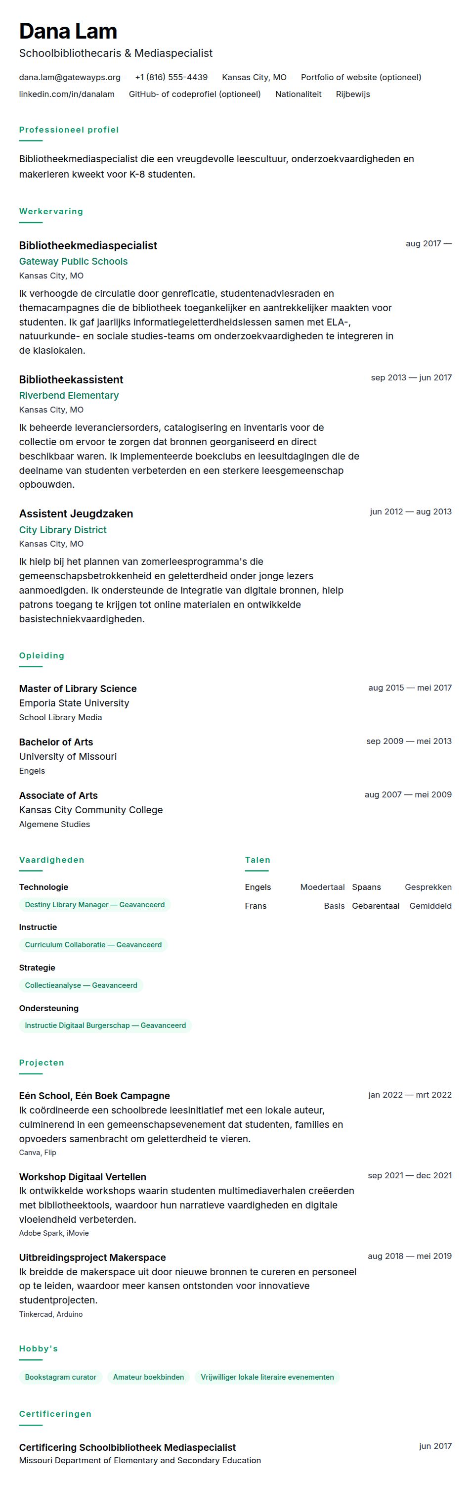 Cv-voorvertoning voor Voorbeeld cv bibliothecaris