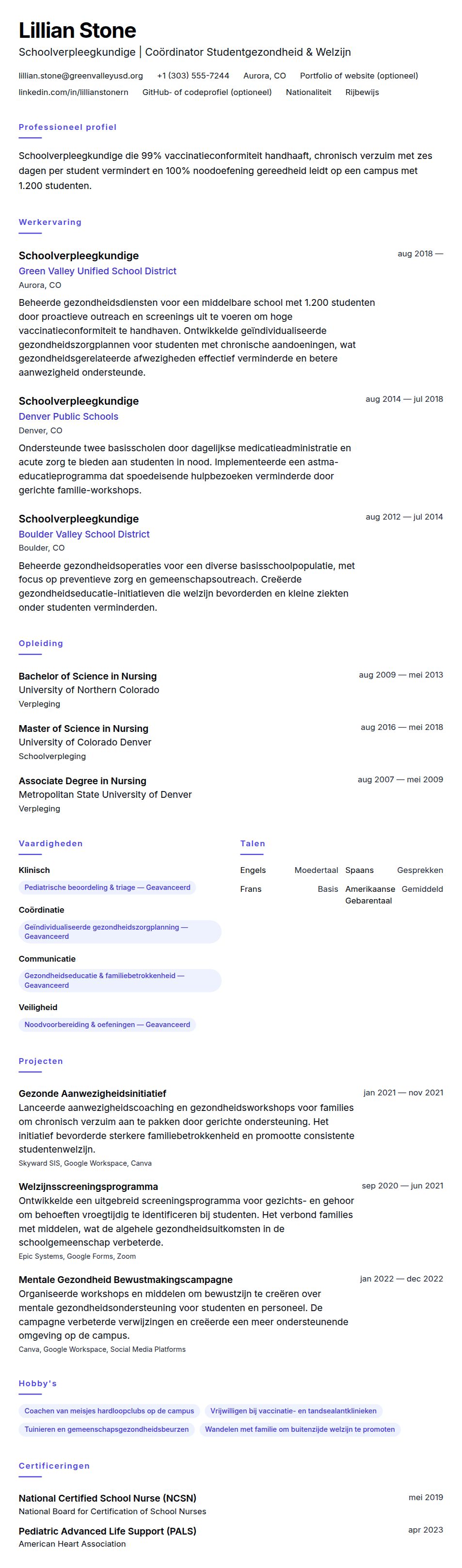 Cv-voorvertoning voor Voorbeeld CV Schoolverpleegkundige