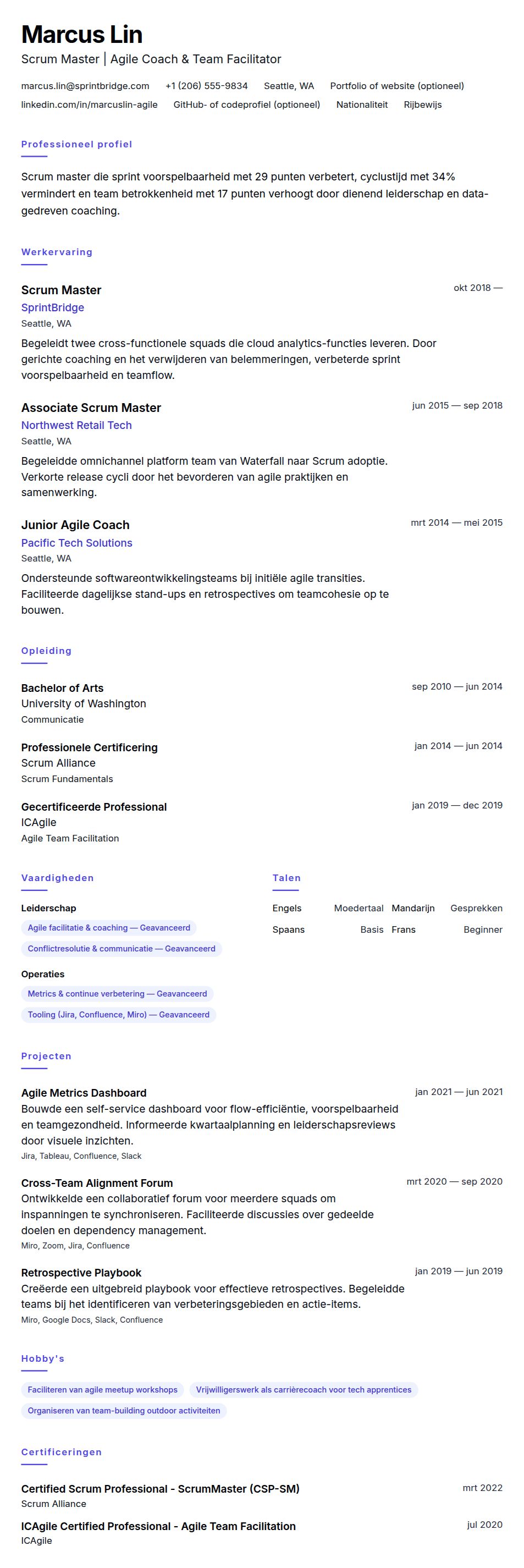 Cv-voorvertoning voor Voorbeeld CV Scrum Master