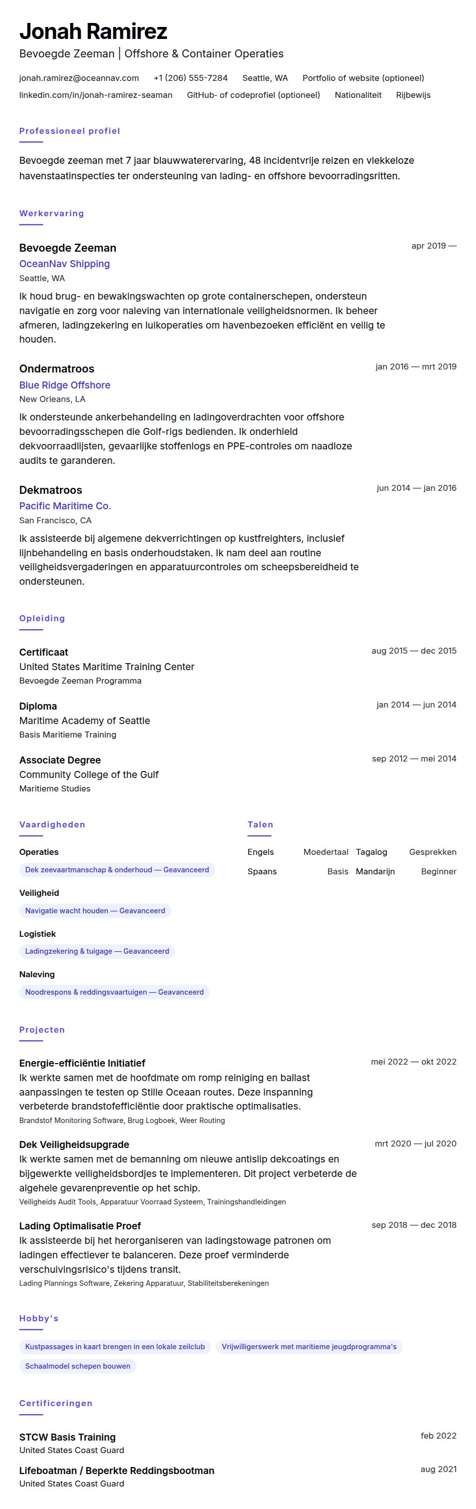 Cv-voorvertoning voor Zeeman CV Voorbeeld