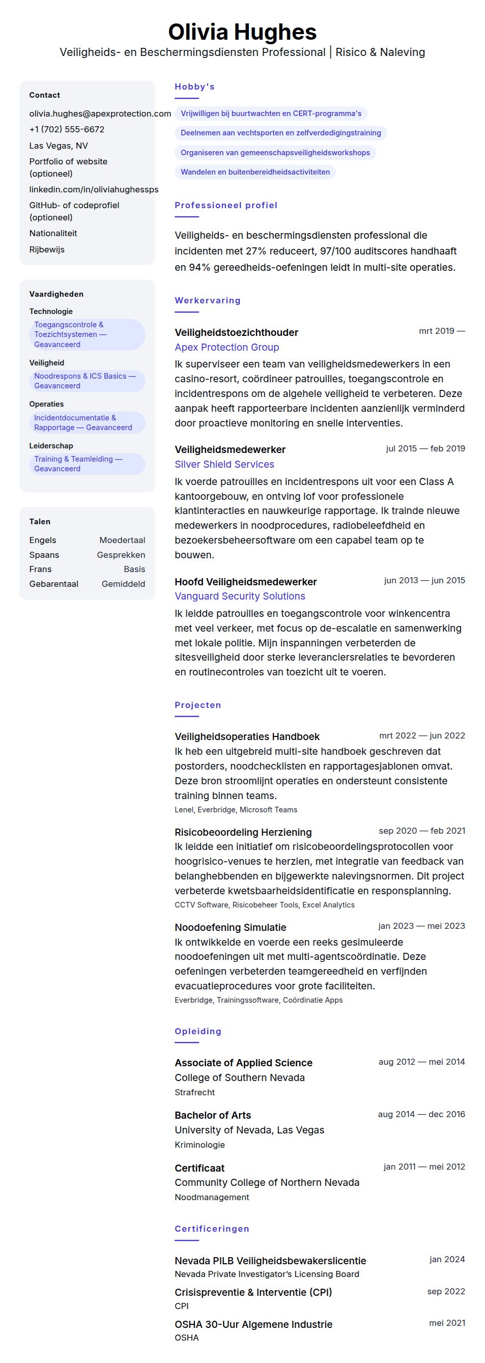 Cv-voorvertoning voor Voorbeeld CV voor Veiligheids- en Beschermingsdiensten Professional