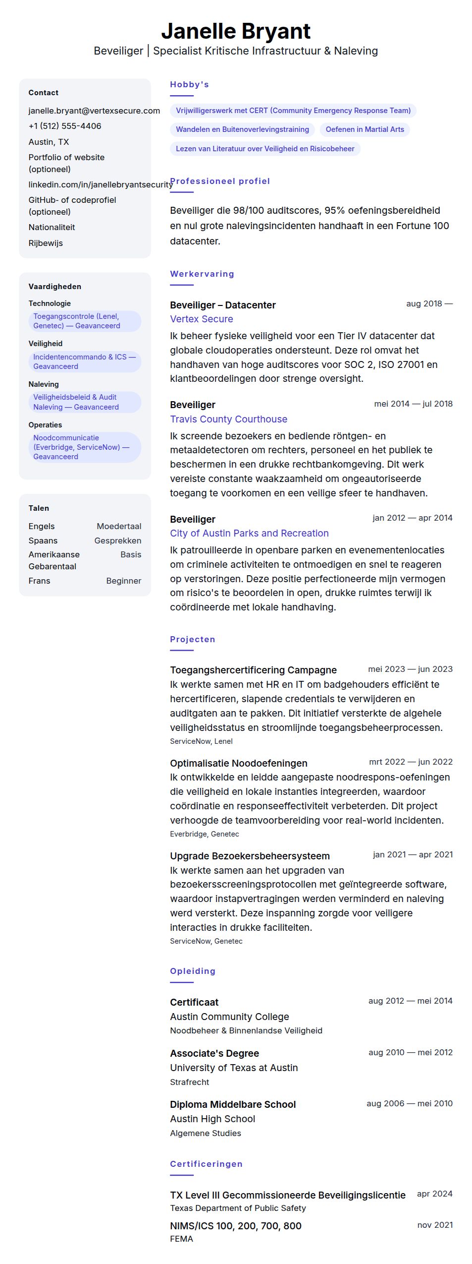 Voorbeeld CV Beveiliger