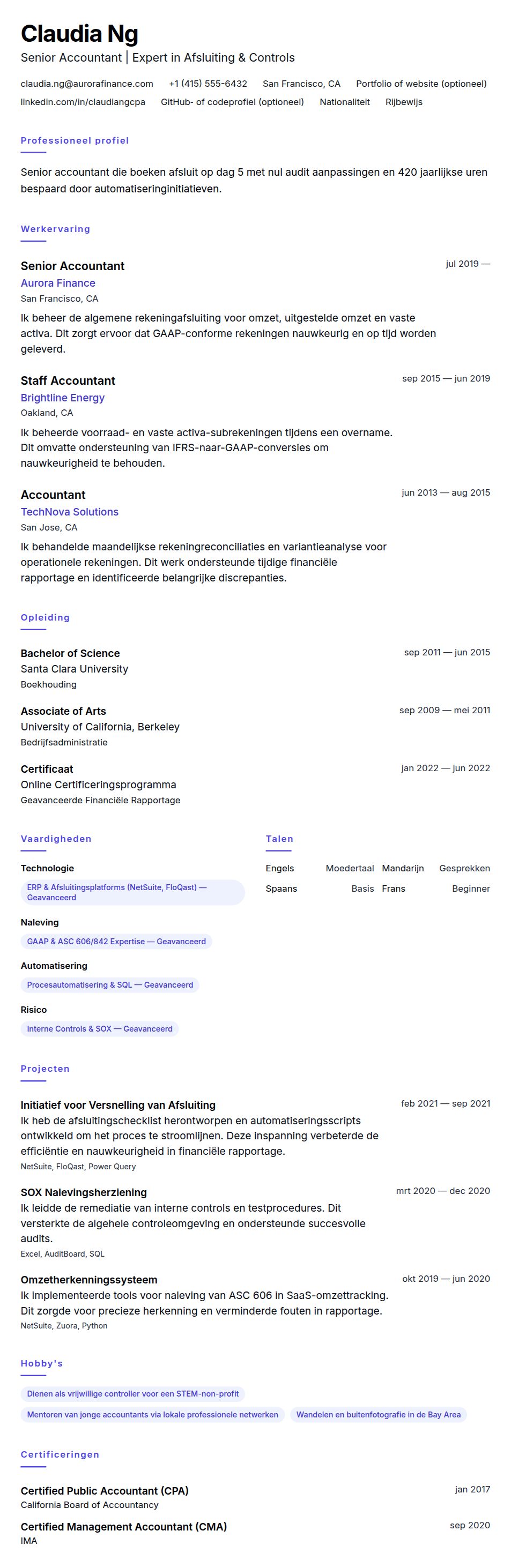 Cv-voorvertoning voor Voorbeeld CV Senior Accountant