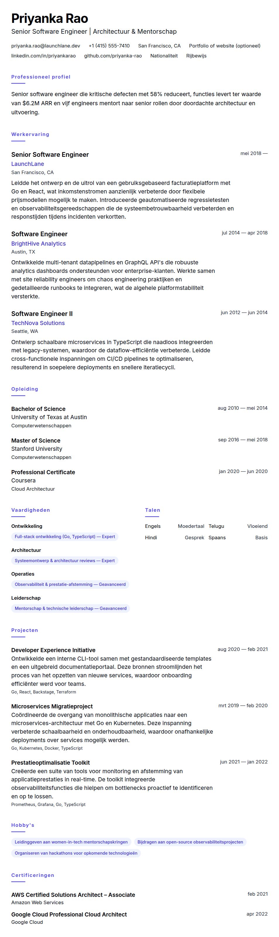 Cv-voorvertoning voor Voorbeeld CV Senior Software Engineer