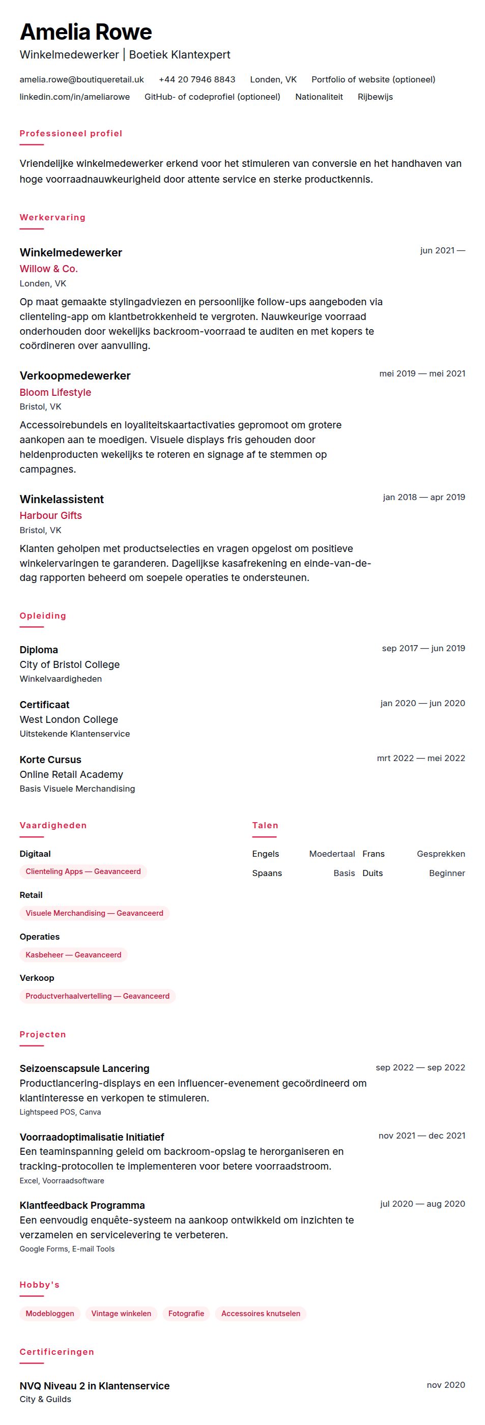 Cv-voorvertoning voor Winkelmedewerker CV-voorbeeld
