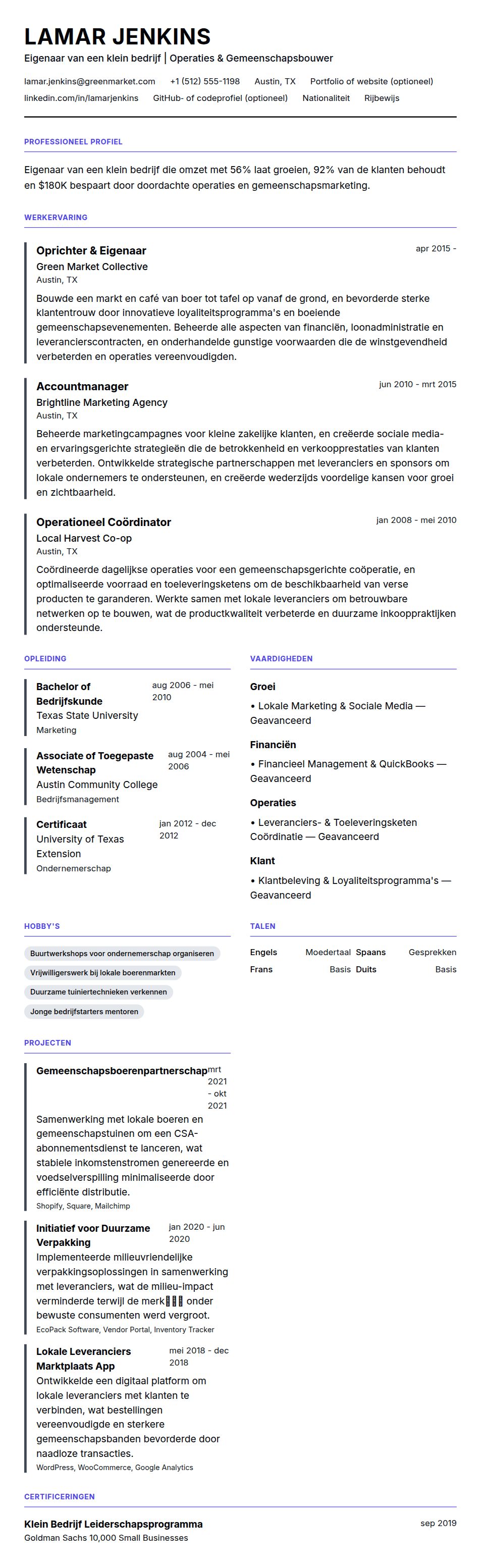 Cv-voorvertoning voor Voorbeeld cv voor eigenaar van een klein bedrijf