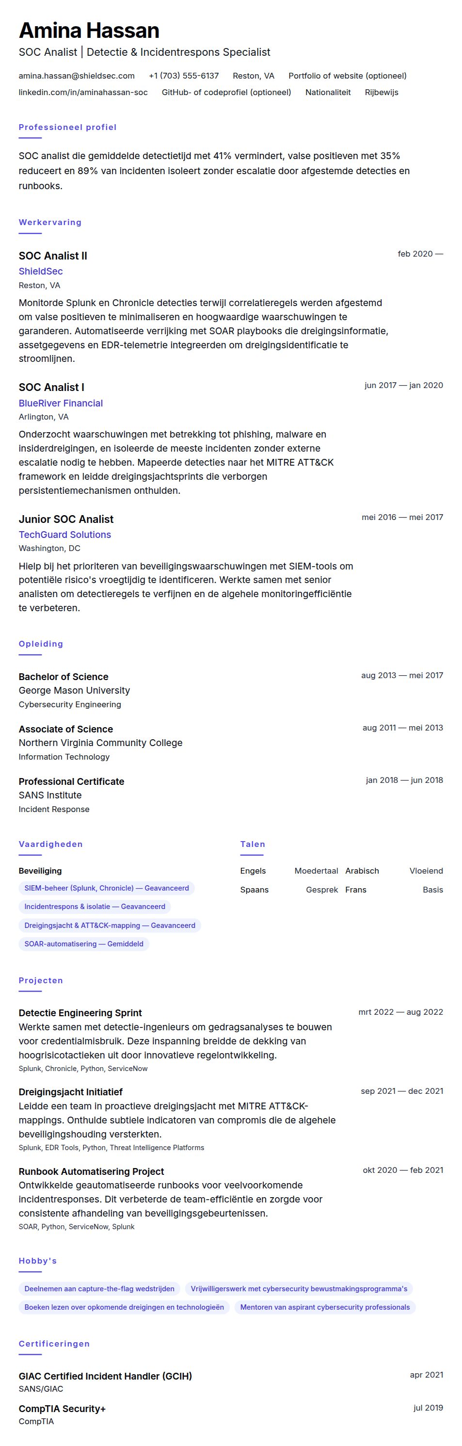 Cv-voorvertoning voor SOC Analist CV Voorbeeld