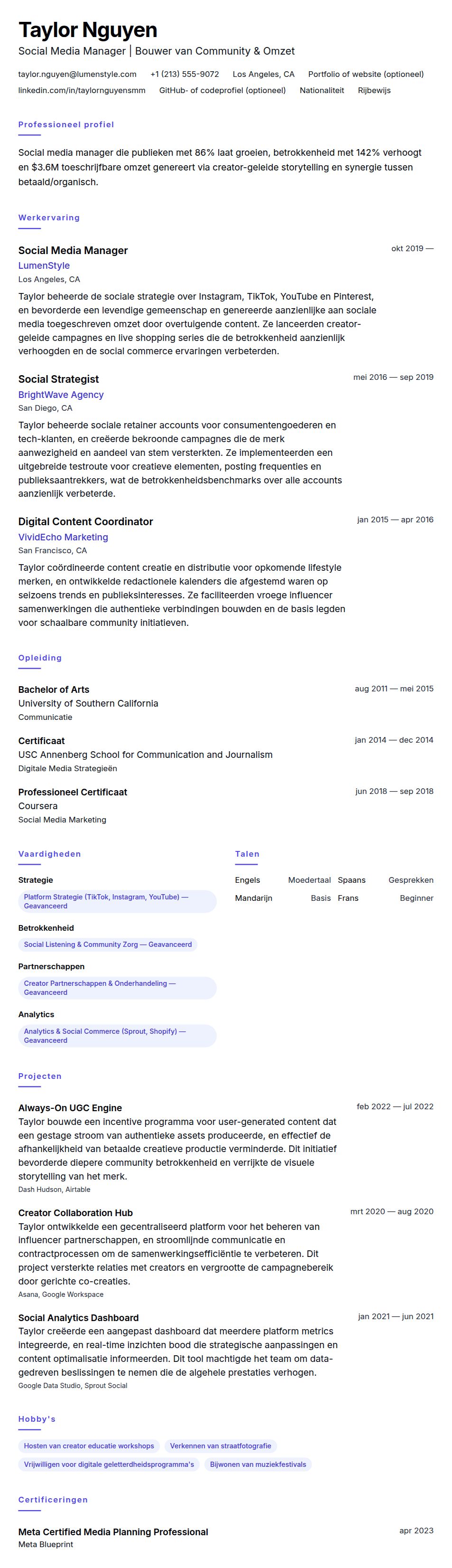 Social Media Manager Voorbeeld CV