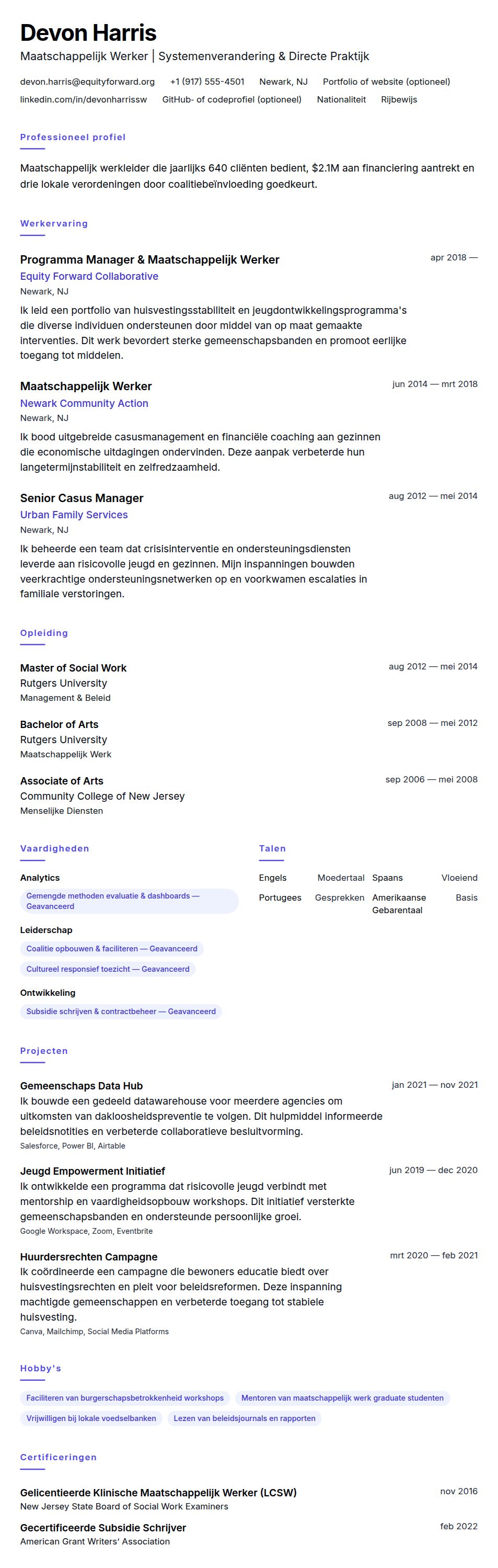 Cv-voorvertoning voor Voorbeeld CV Maatschappelijk Werker