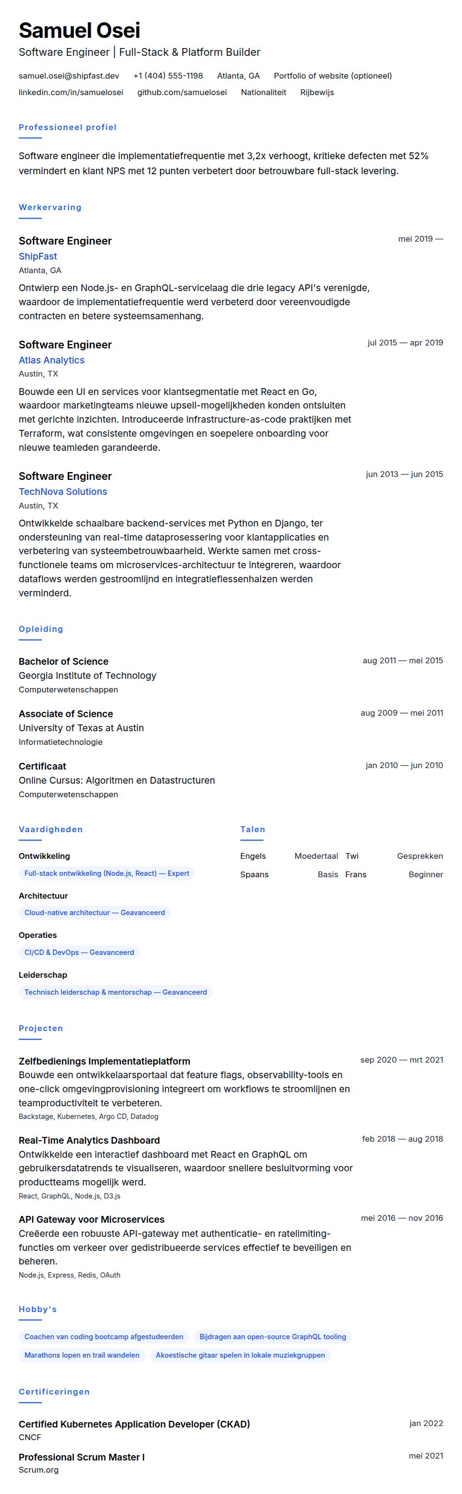 Cv-voorvertoning voor Voorbeeld cv Software Engineer
