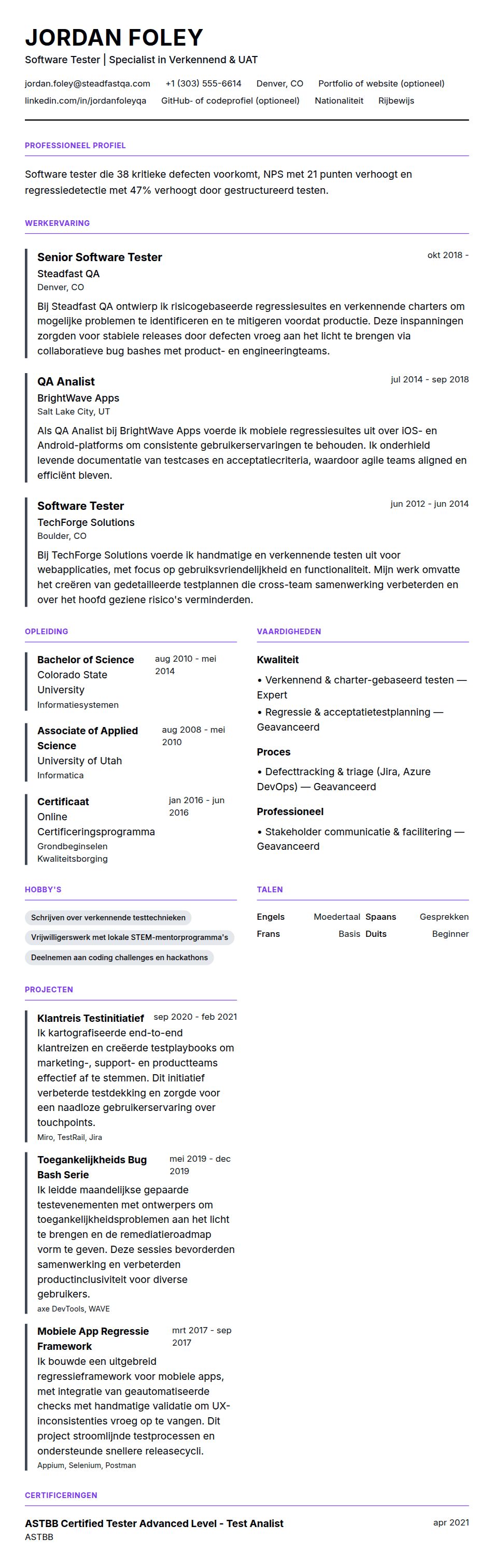 Voorbeeld CV Software Tester