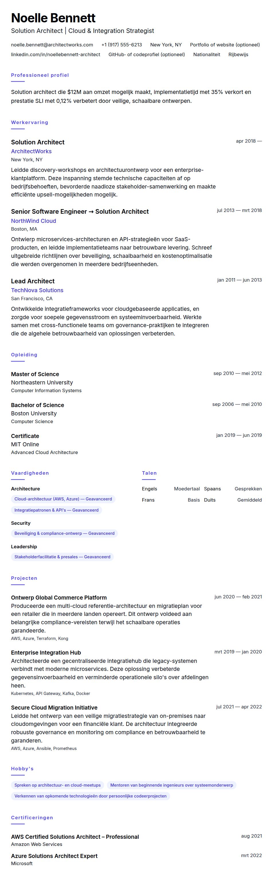 Cv-voorvertoning voor Voorbeeld cv Solution Architect