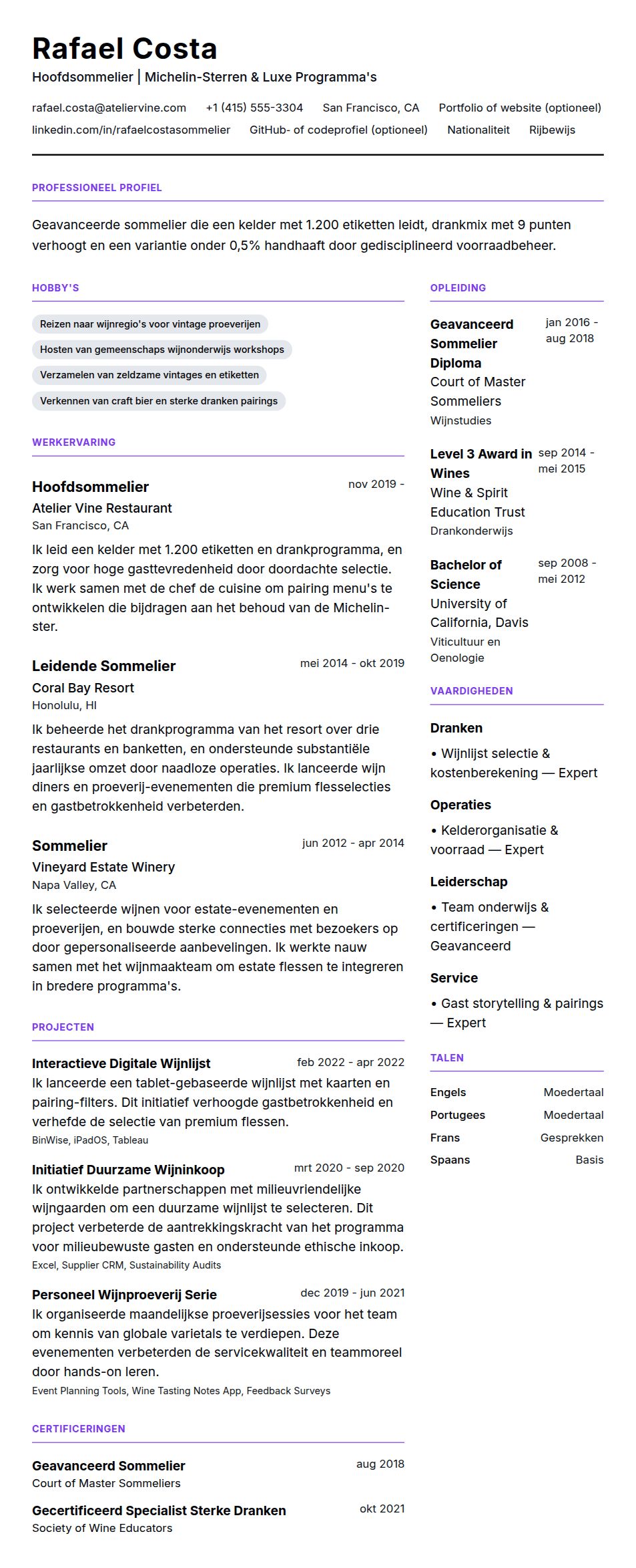 Cv-voorvertoning voor Voorbeeld Sommelier CV