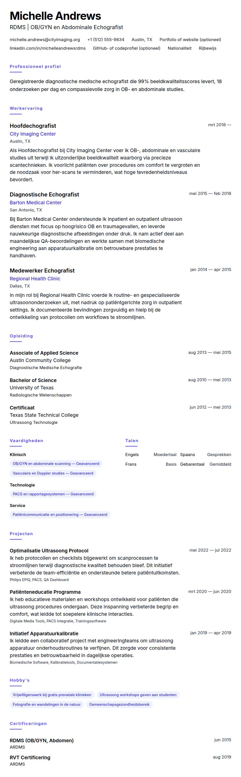 Cv-voorvertoning voor Voorbeeld CV Echografist