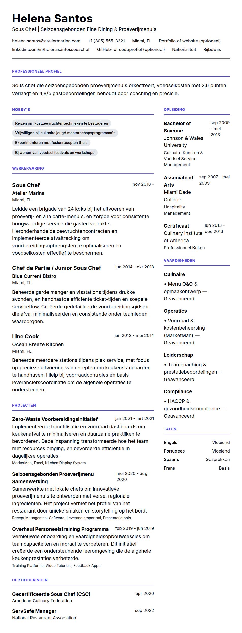 Cv-voorvertoning voor Voorbeeld CV Sous Chef