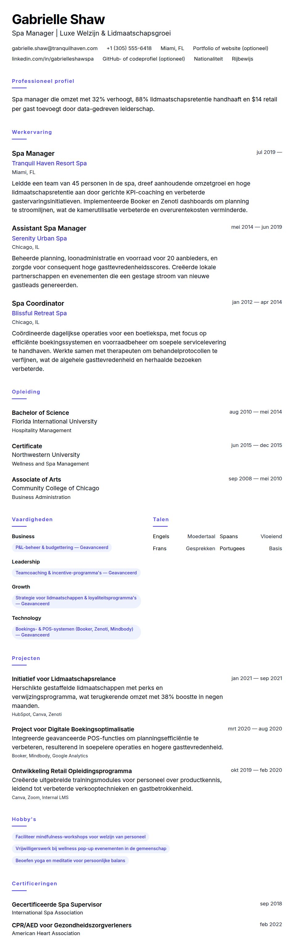Voorbeeld CV Spa Manager