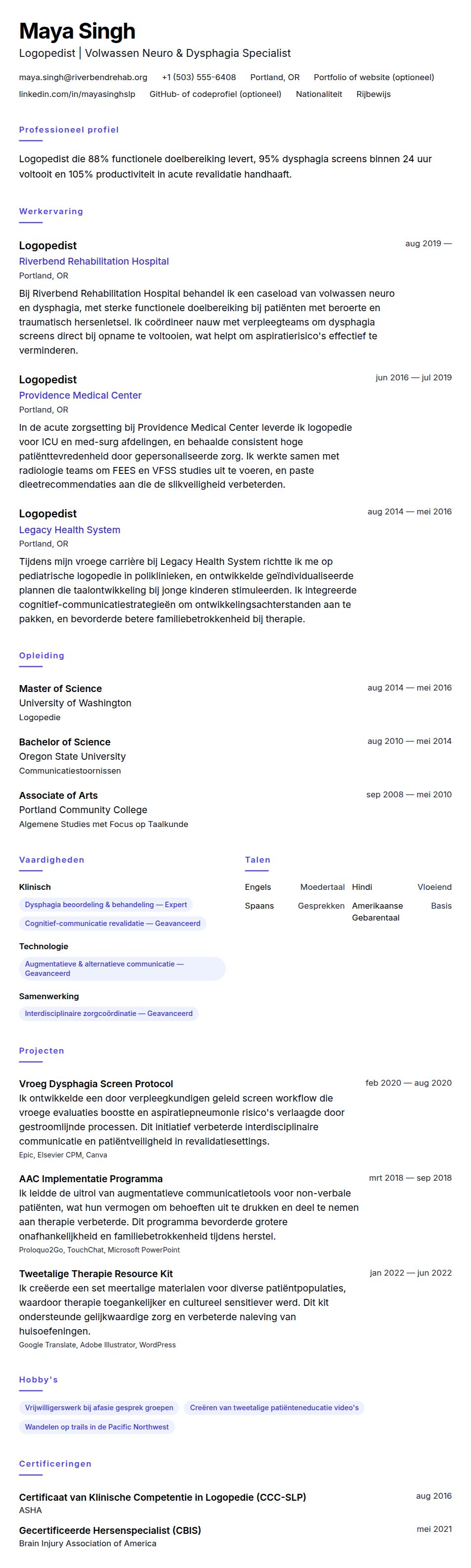Cv-voorvertoning voor Logopedist (SLP) CV-voorbeeld