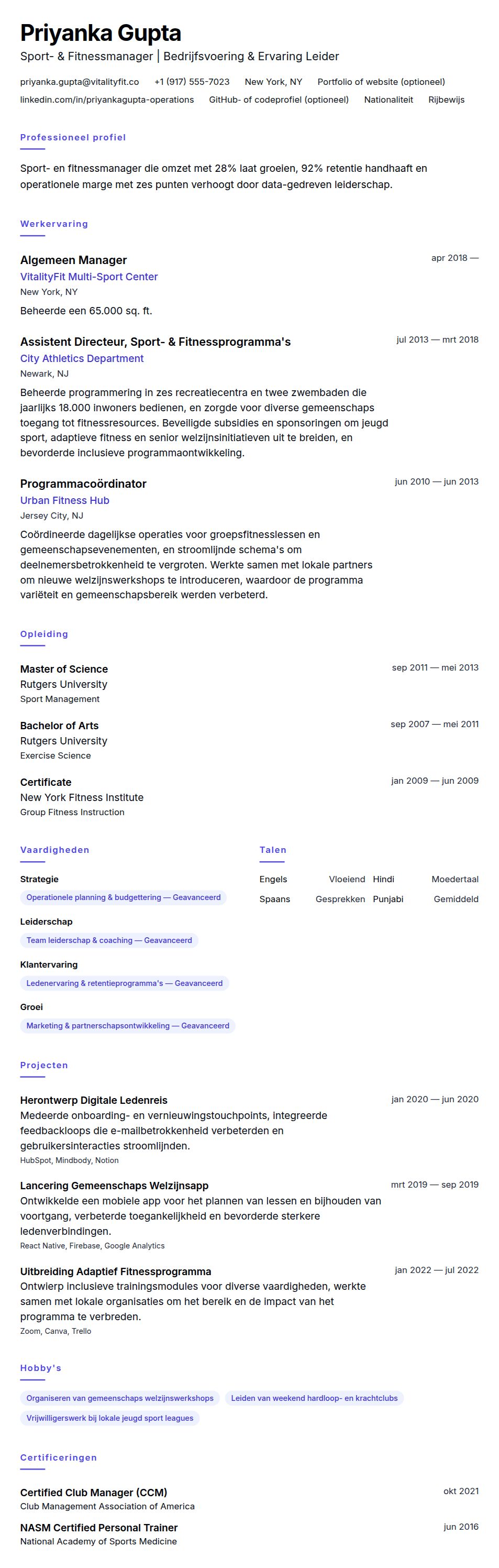 Voorbeeld cv Sport- en Fitnessmanager