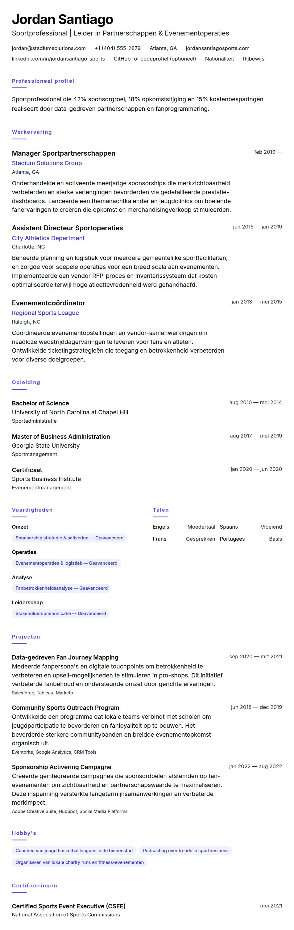 Cv-voorvertoning voor Voorbeeld CV Sportprofessional