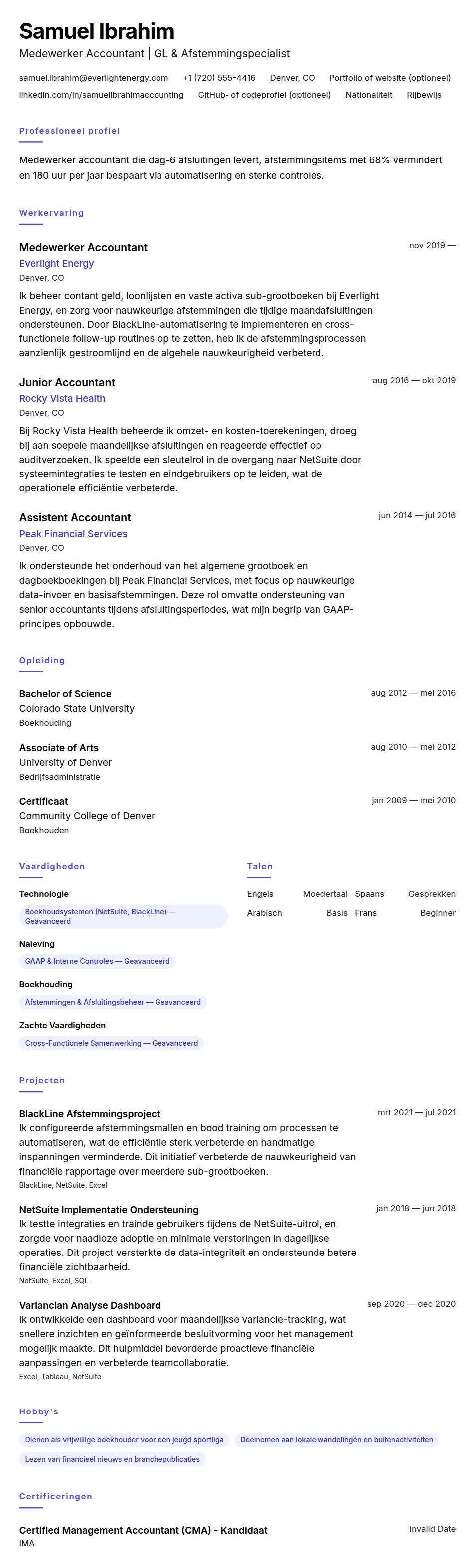 Voorbeeld CV Medewerker Accountant