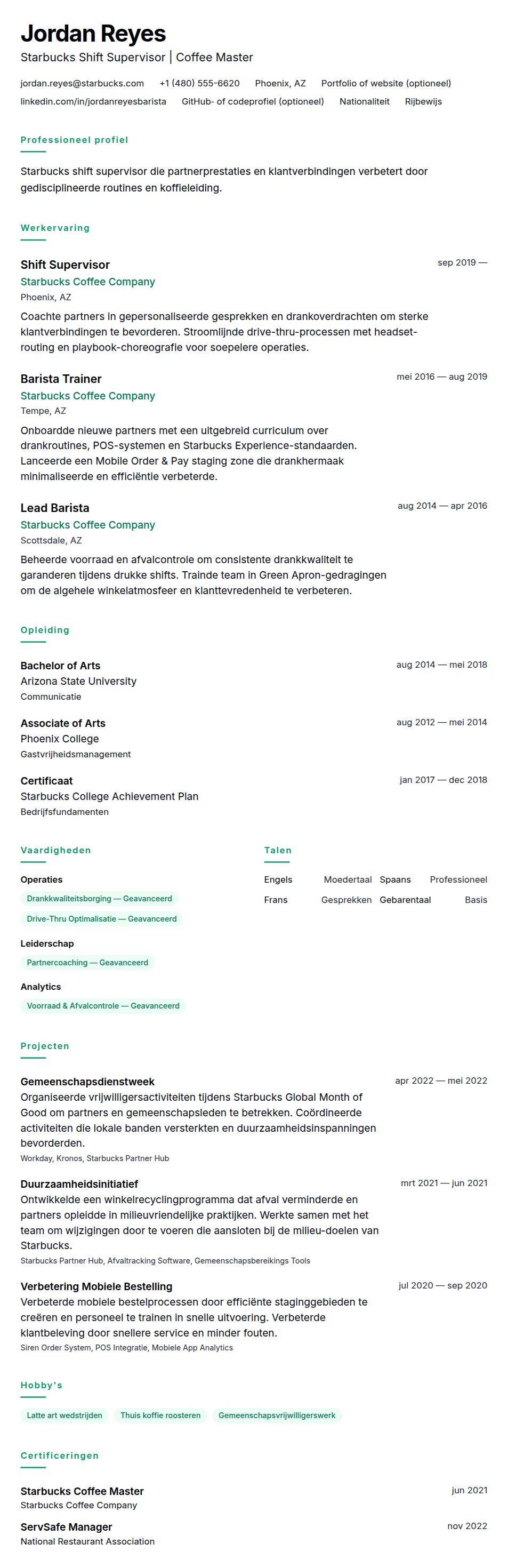 Cv-voorvertoning voor Voorbeeld cv Starbucks Shift Supervisor