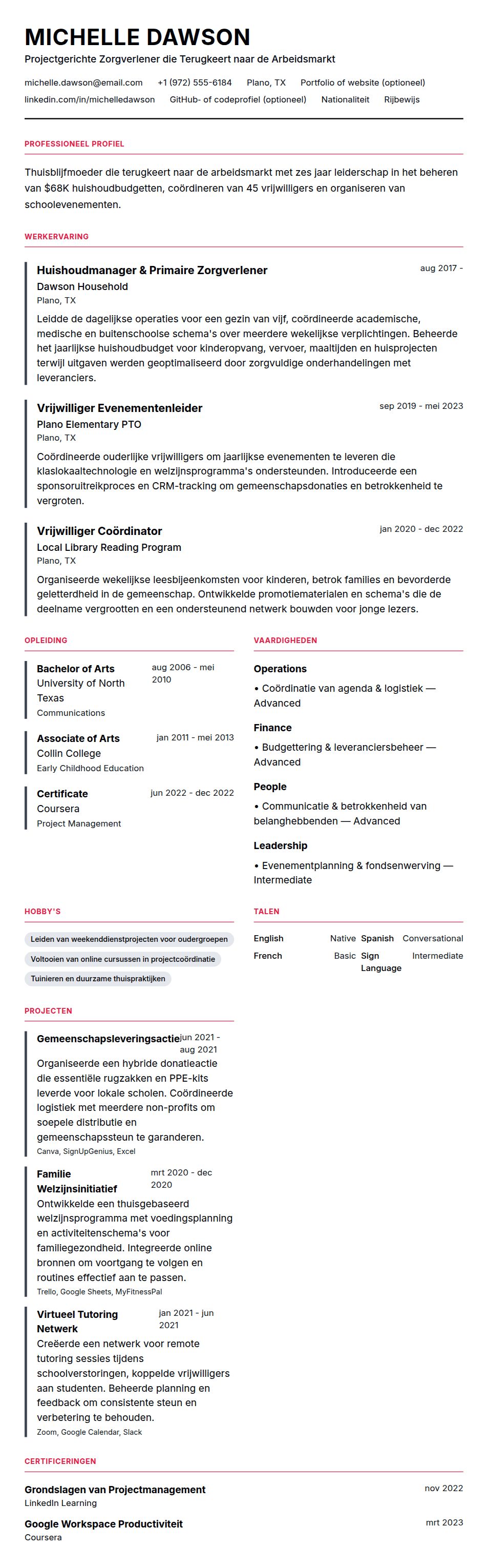 Cv-voorvertoning voor Voorbeeld cv Thuisblijfmoeder