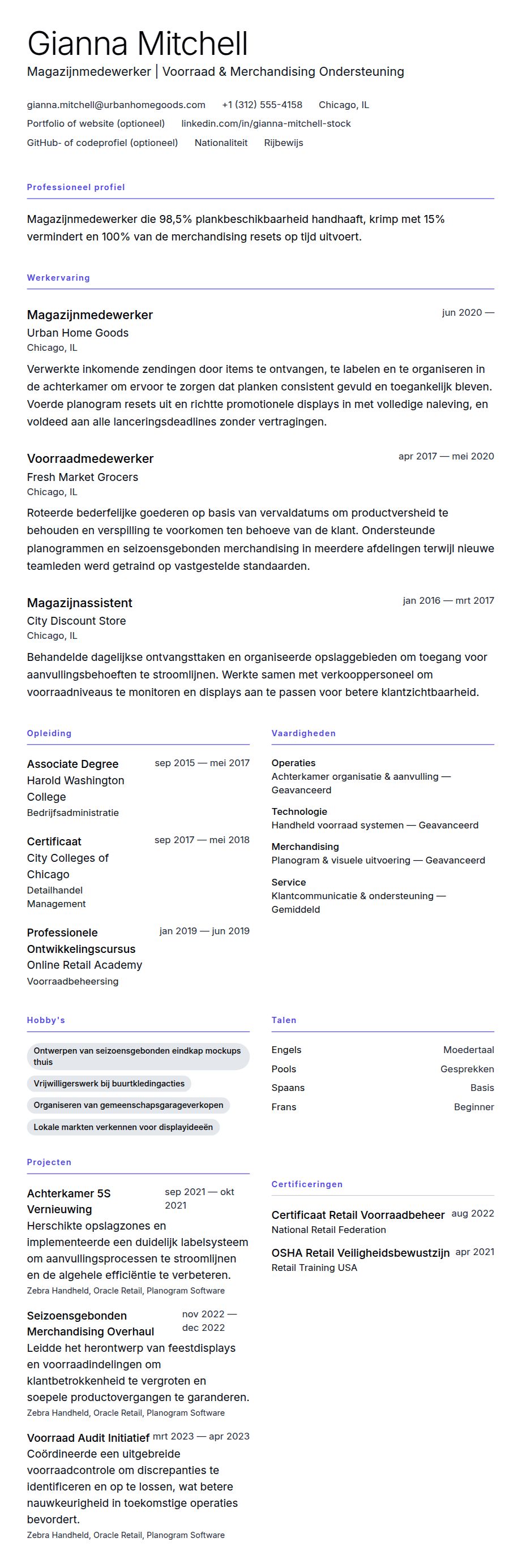 Voorbeeld cv Magazijnmedewerker