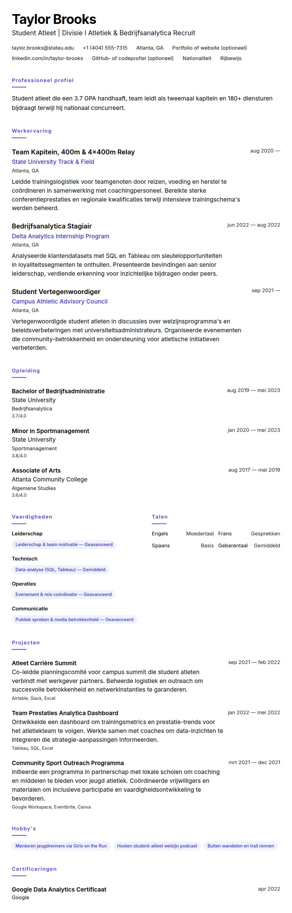Cv-voorvertoning voor Student Atleet CV Voorbeeld