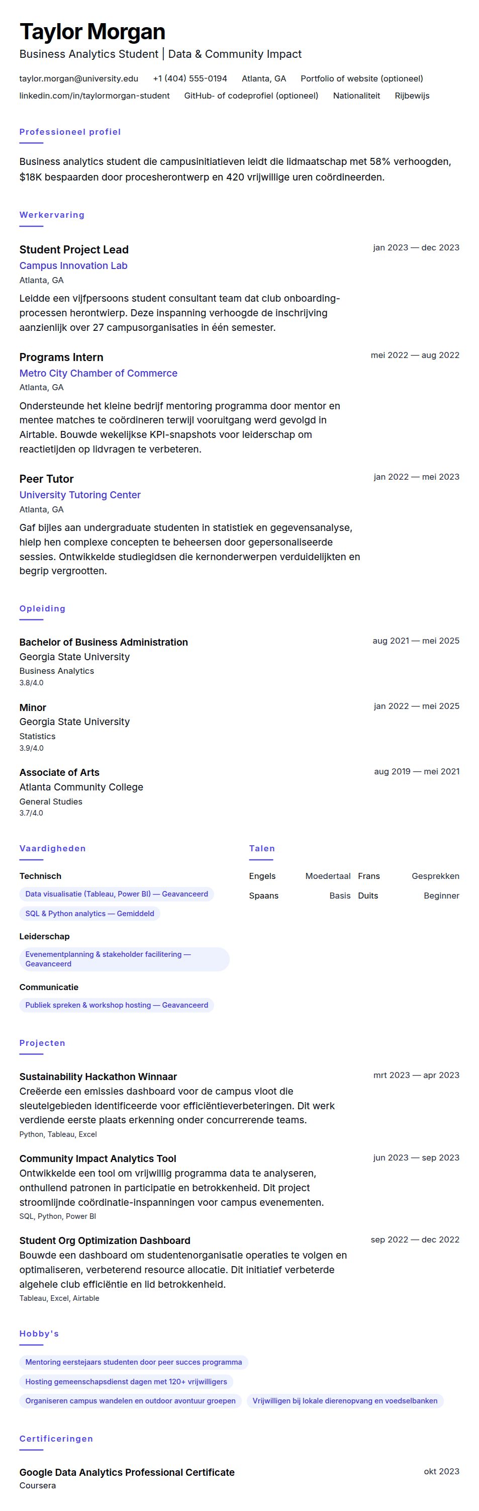 Student CV Voorbeeld