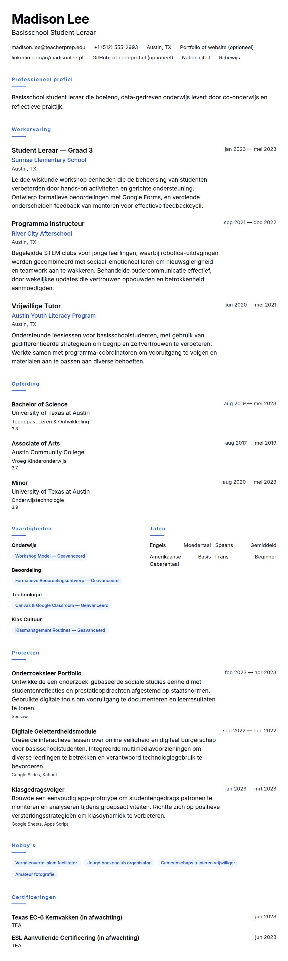Cv-voorvertoning voor Student Leraar CV Voorbeeld