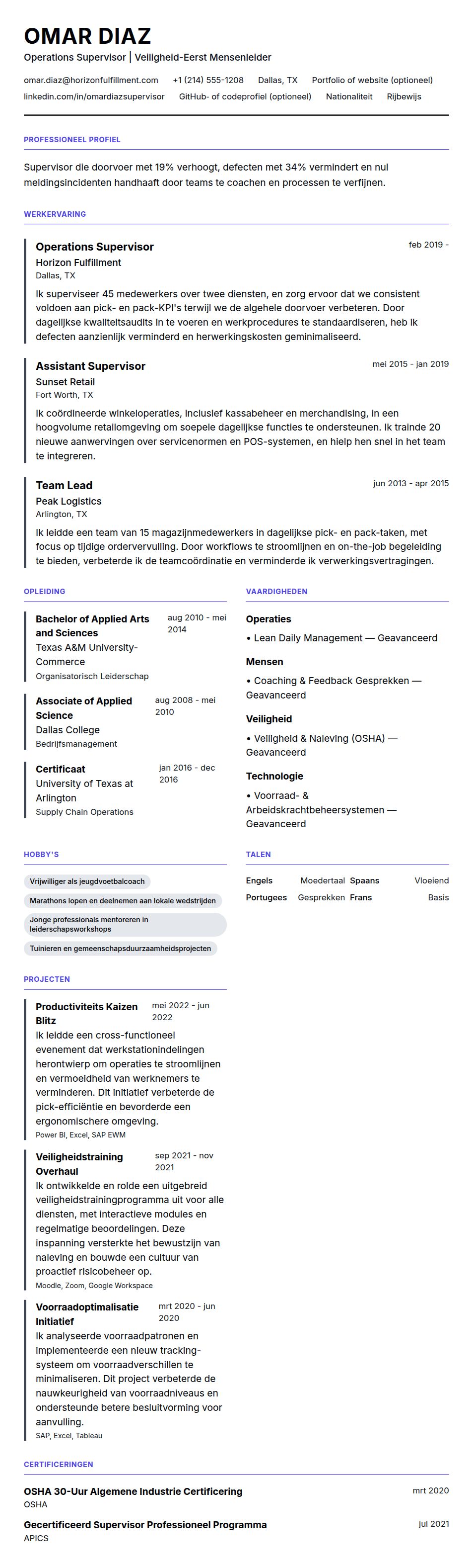 Cv-voorvertoning voor Voorbeeld Supervisor CV