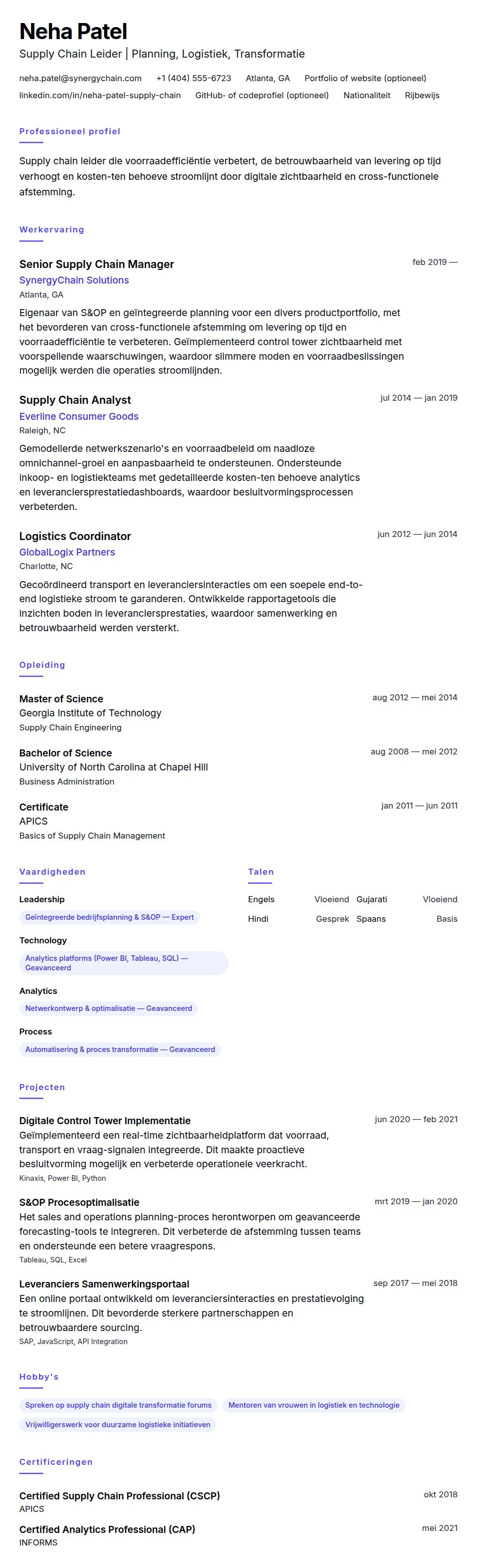 Cv-voorvertoning voor Voorbeeld CV Supply Chain Professional