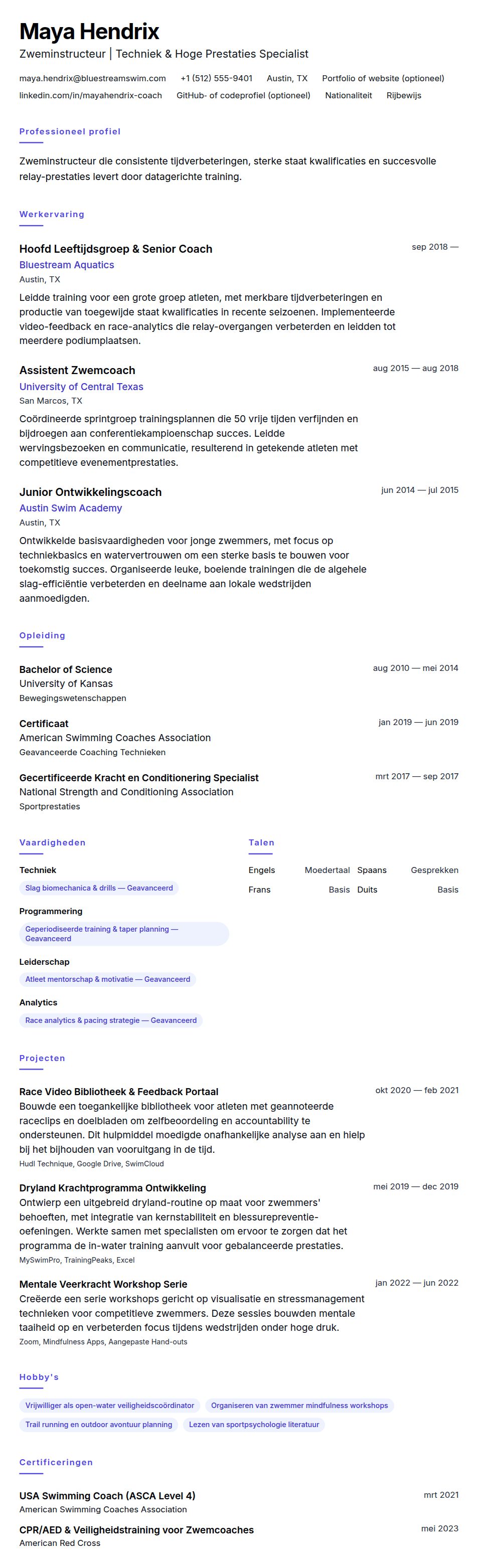 Cv-voorvertoning voor Zweminstructeur CV-voorbeeld