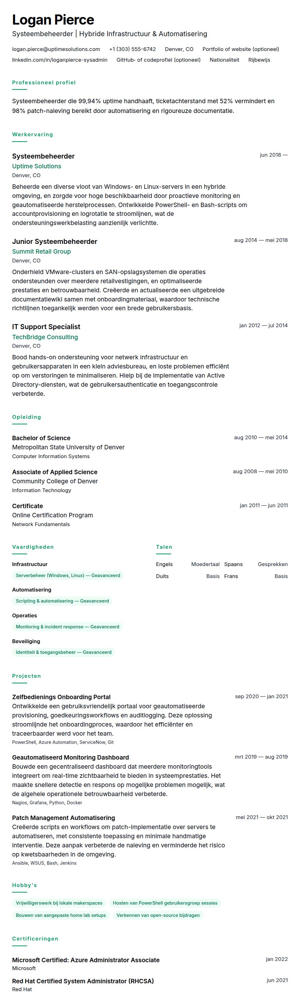 Cv-voorvertoning voor Voorbeeld CV Systeembeheerder