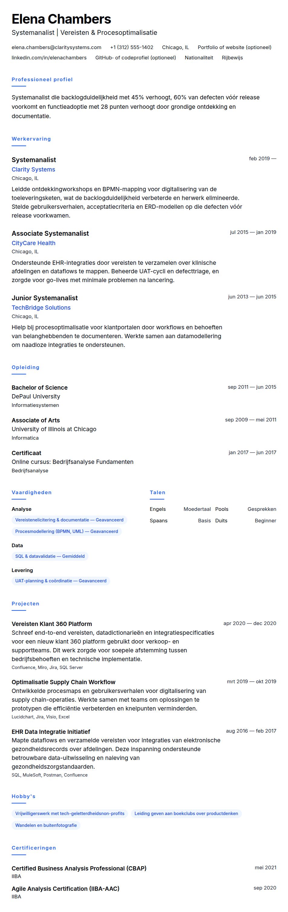 Cv-voorvertoning voor Voorbeeld cv Systemanalist