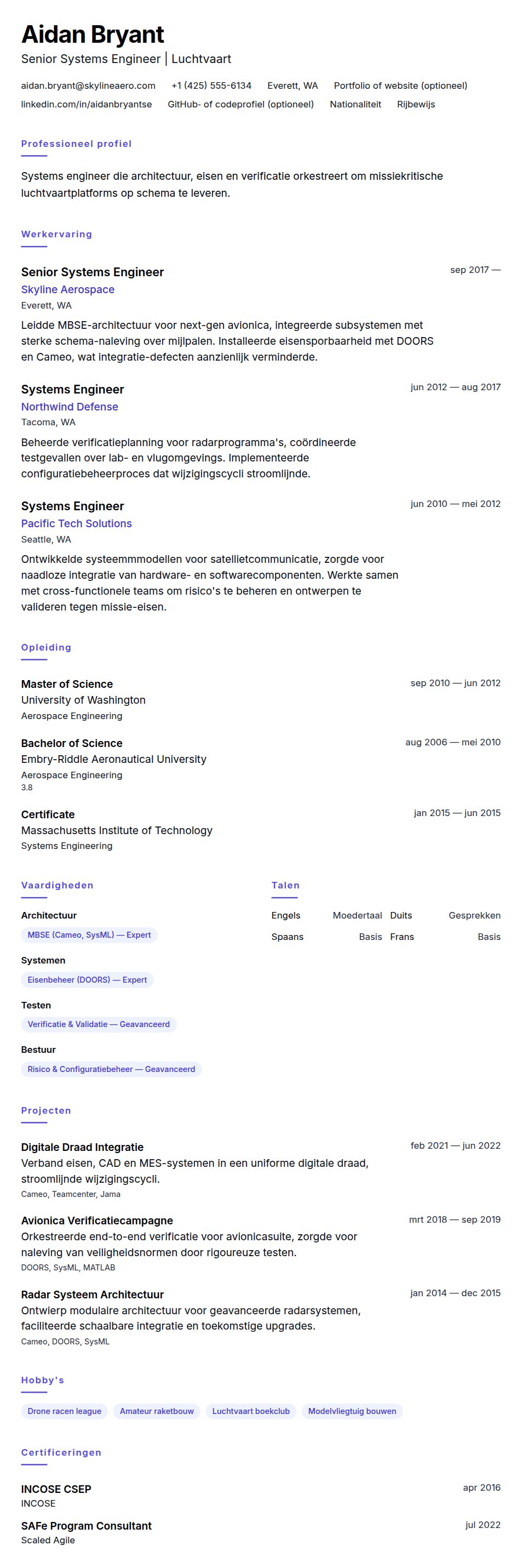 Cv-voorvertoning voor Voorbeeld CV Systems Engineer