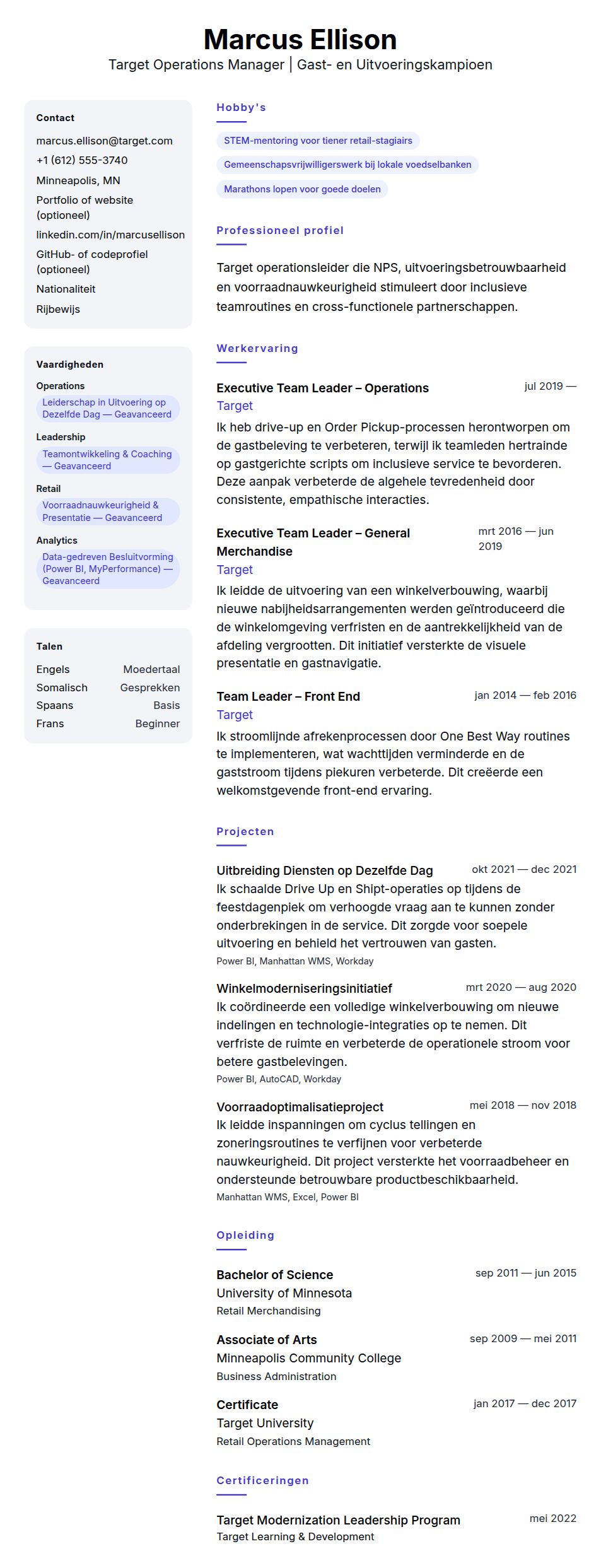Cv-voorvertoning voor Voorbeeld cv Target Operations Manager