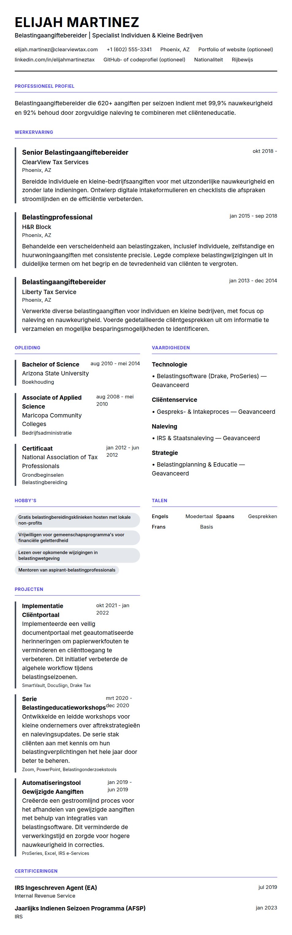Cv-voorvertoning voor Voorbeeld cv Belastingaangiftebereider