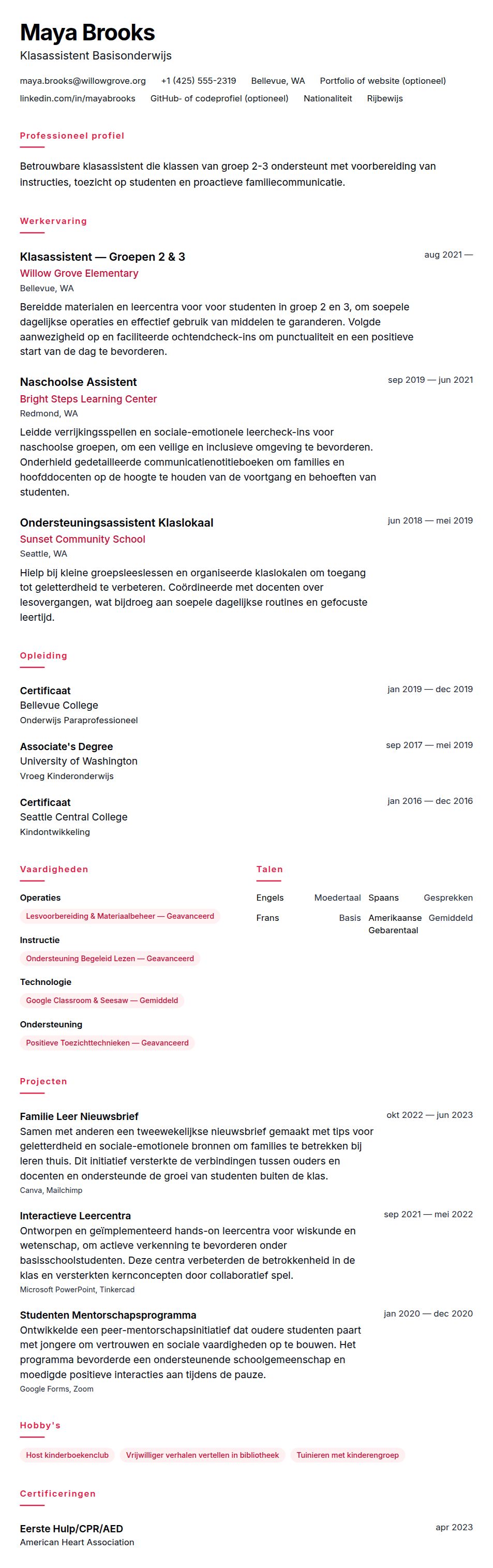Cv-voorvertoning voor Voorbeeld CV Klasassistent