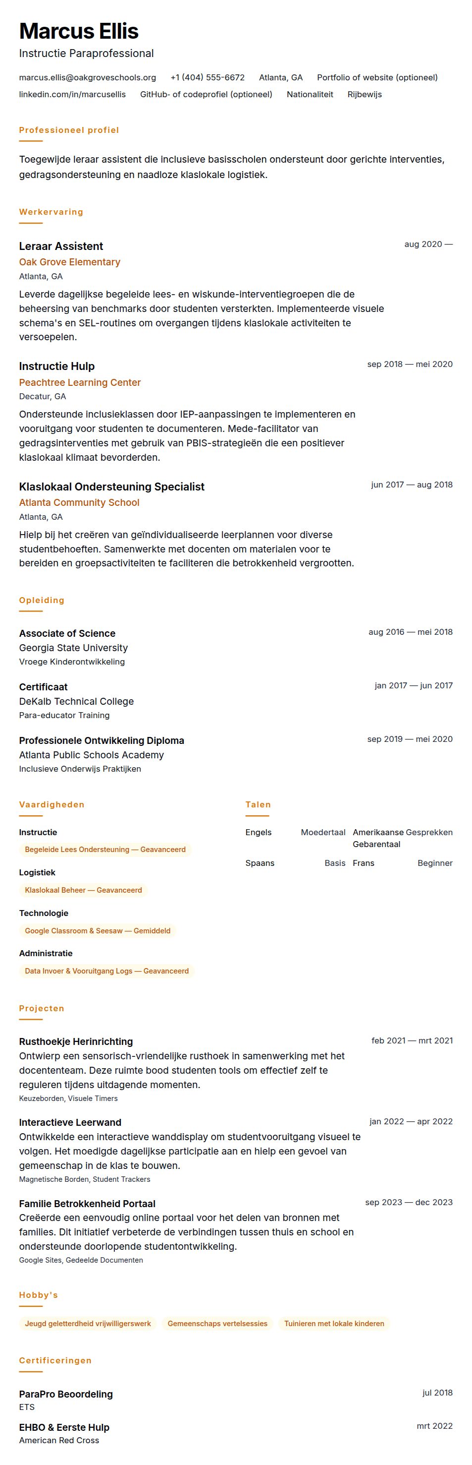 Cv-voorvertoning voor Leraar Assistent CV Voorbeeld