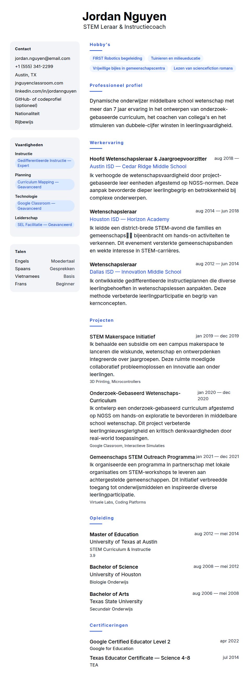 Voorbeeld Leraar CV